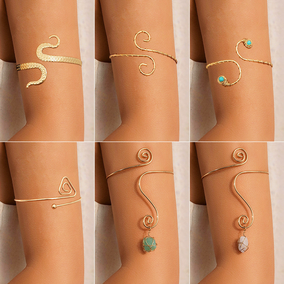 Hip hop style spiral broken stone open arm bracelet, Arm chain personalized ethnic snake shaped bracelet